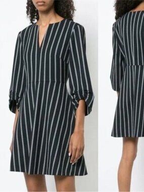 TIBI Felix Split Neck Gathered Blouson Sleeve Pinstripe Dress Size 2 Navy White